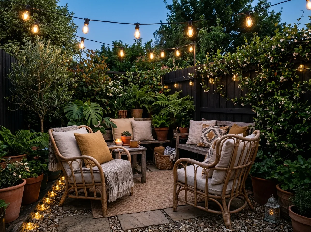 String Light Evening Lounge for 10 cute patio ideas for small outdoor spaces
